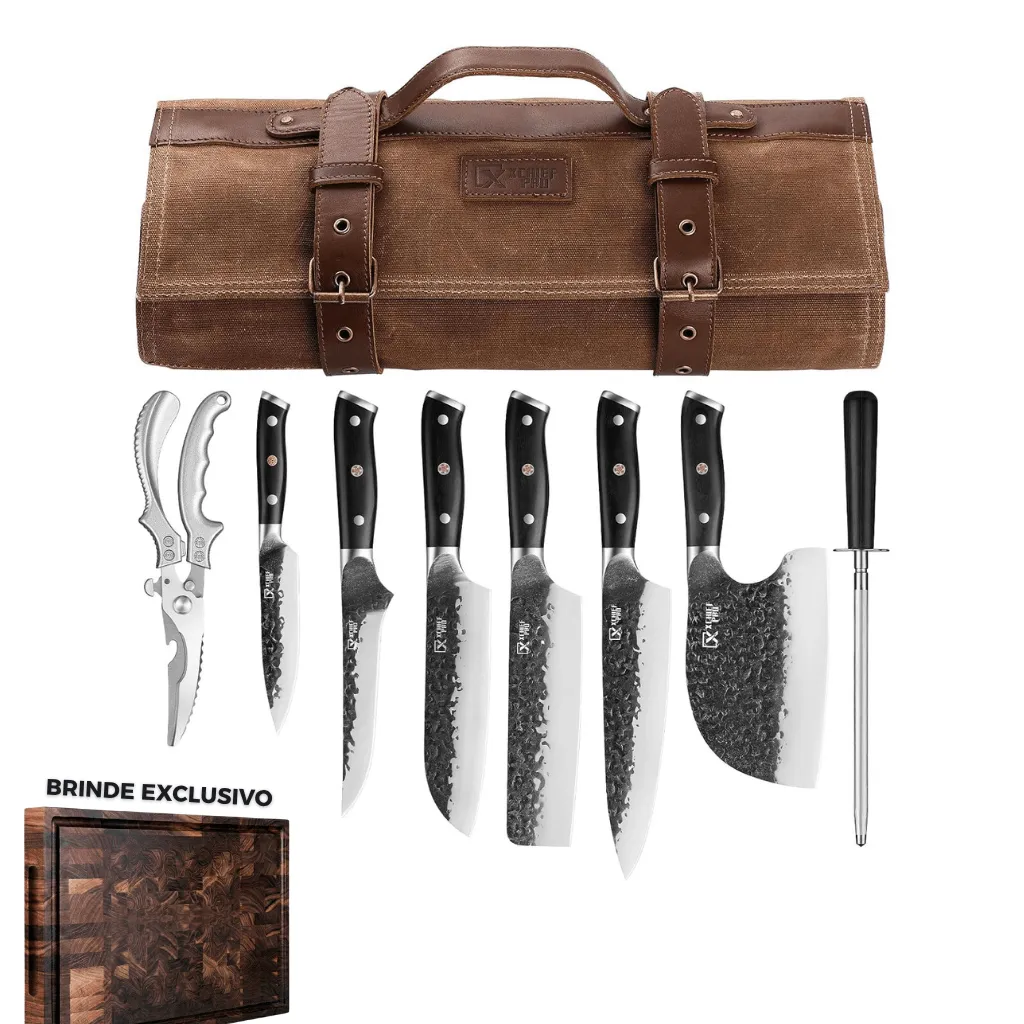 Kit Chef Nakiri Santoku 9 Peças com Tábua de Corte - Aço Carbono + Bolsa - Imagem 1