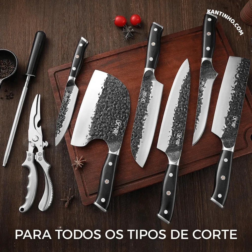 Kit Chef Nakiri Santoku 9 Peças com Tábua de Corte - Aço Carbono + Bolsa - Imagem 2