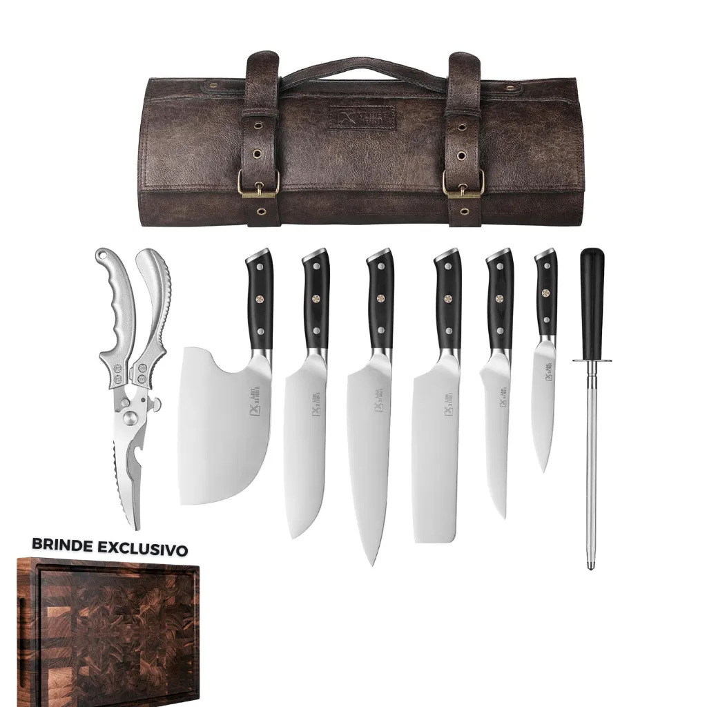 Kit Chef Nakiri Santoku 9 Peças com Tábua de Corte - Aço Carbono + Bolsa - Imagem 8