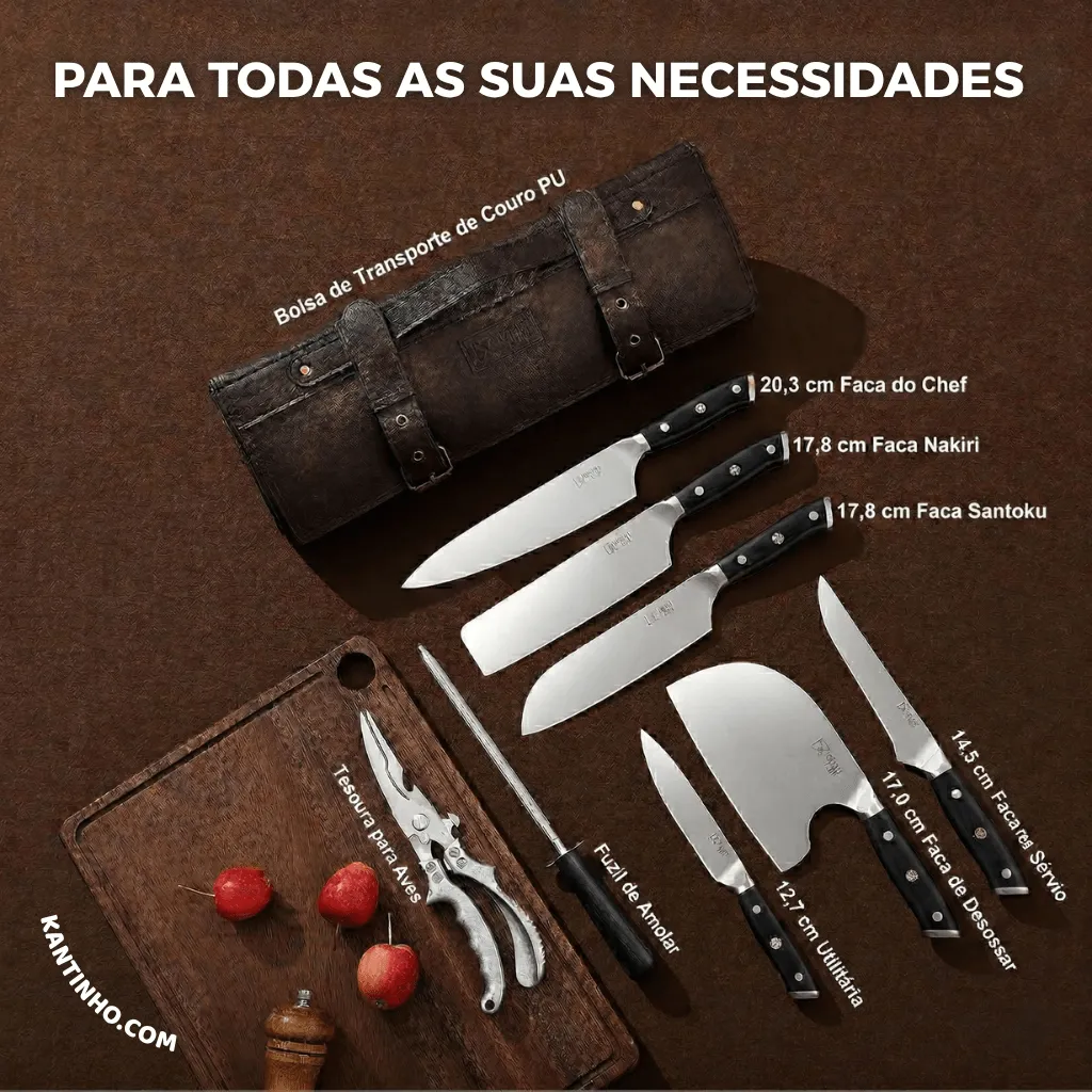 Kit Chef Nakiri Santoku 9 Peças com Tábua de Corte - Aço Carbono + Bolsa - Imagem 10