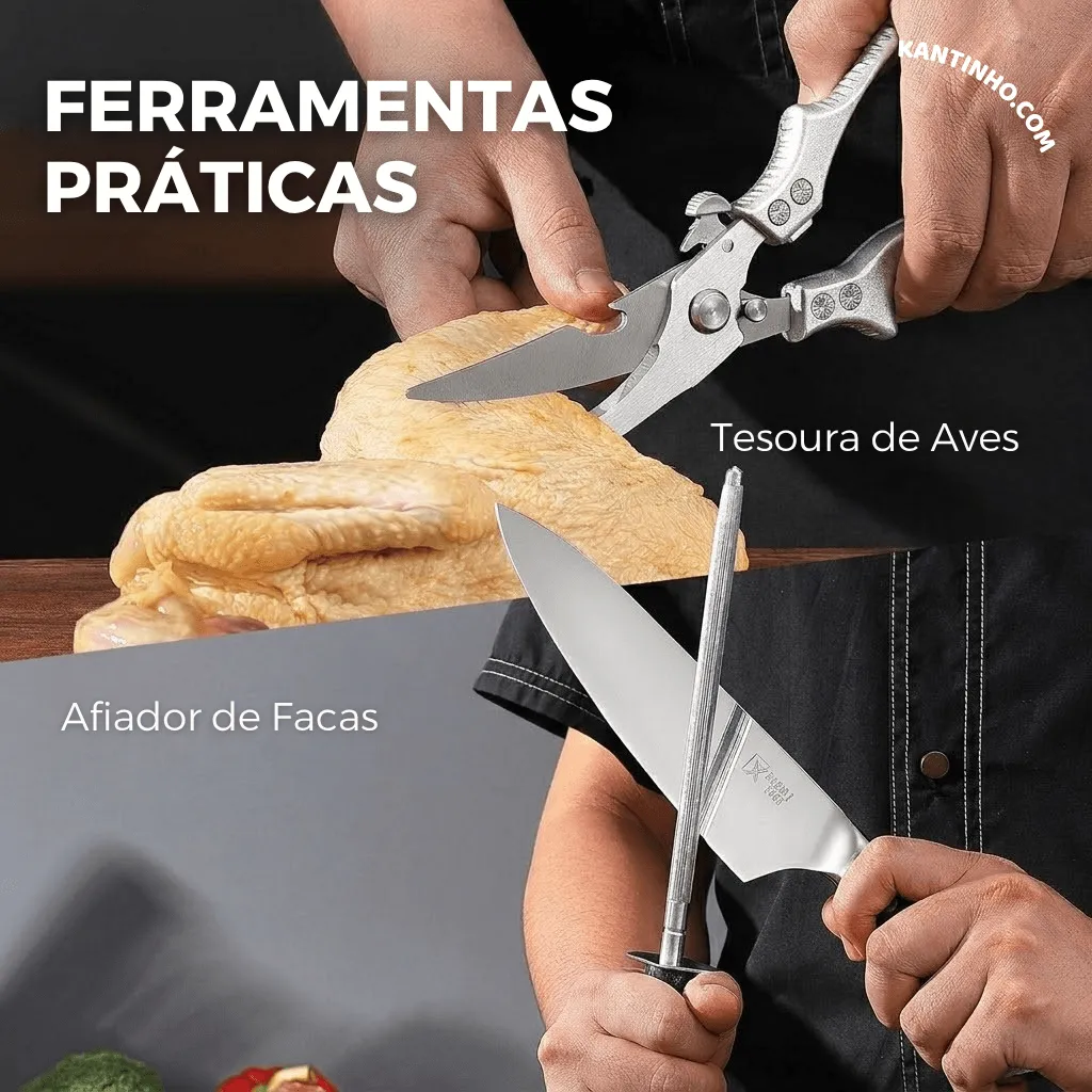 Kit Chef Nakiri Santoku 9 Peças com Tábua de Corte - Aço Carbono + Bolsa - Imagem 13