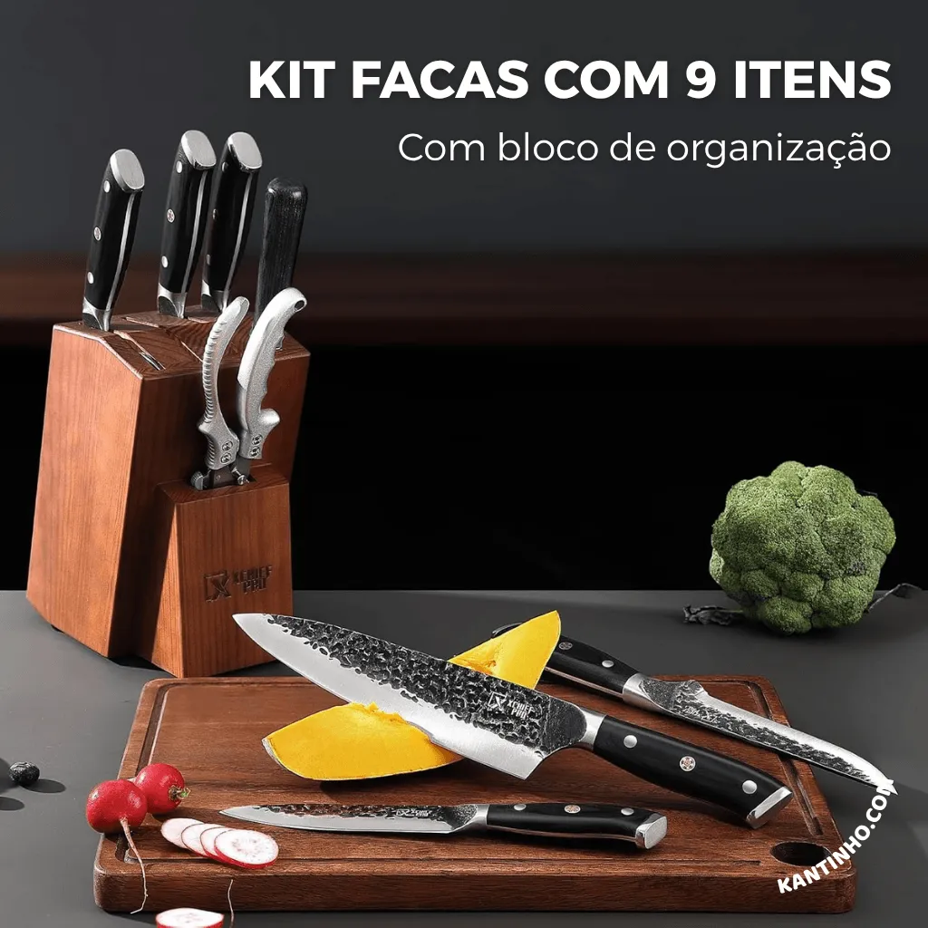 Kit Chef Nakiri Santoku 9 Peças com Tábua de Corte - Aço Carbono + Bolsa - Imagem 16