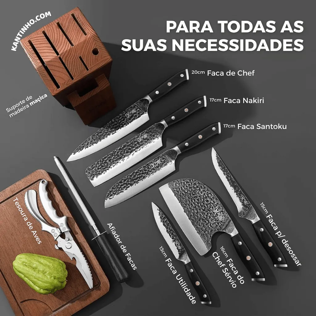 Kit Chef Nakiri Santoku 9 Peças com Tábua de Corte - Aço Carbono + Bolsa - Imagem 17