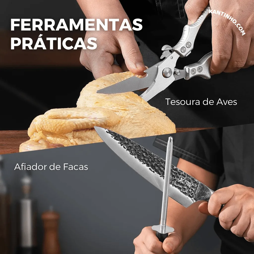 Kit Chef Nakiri Santoku 9 Peças com Tábua de Corte - Aço Carbono + Bolsa - Imagem 20